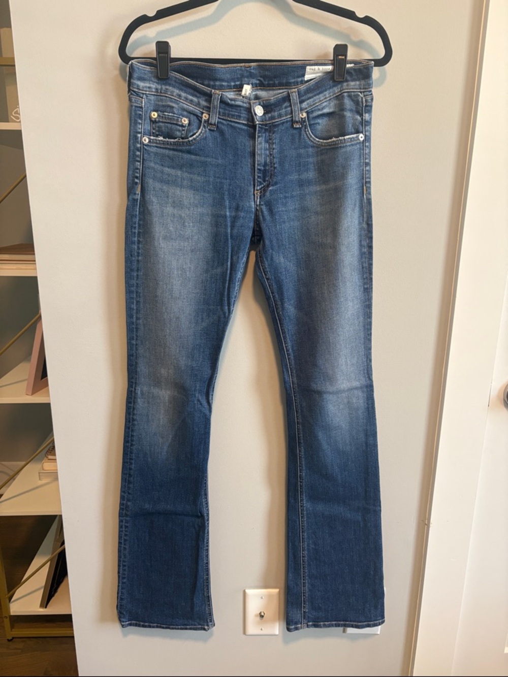 rag & bone medium blue boot cut jeans in color “delancey”